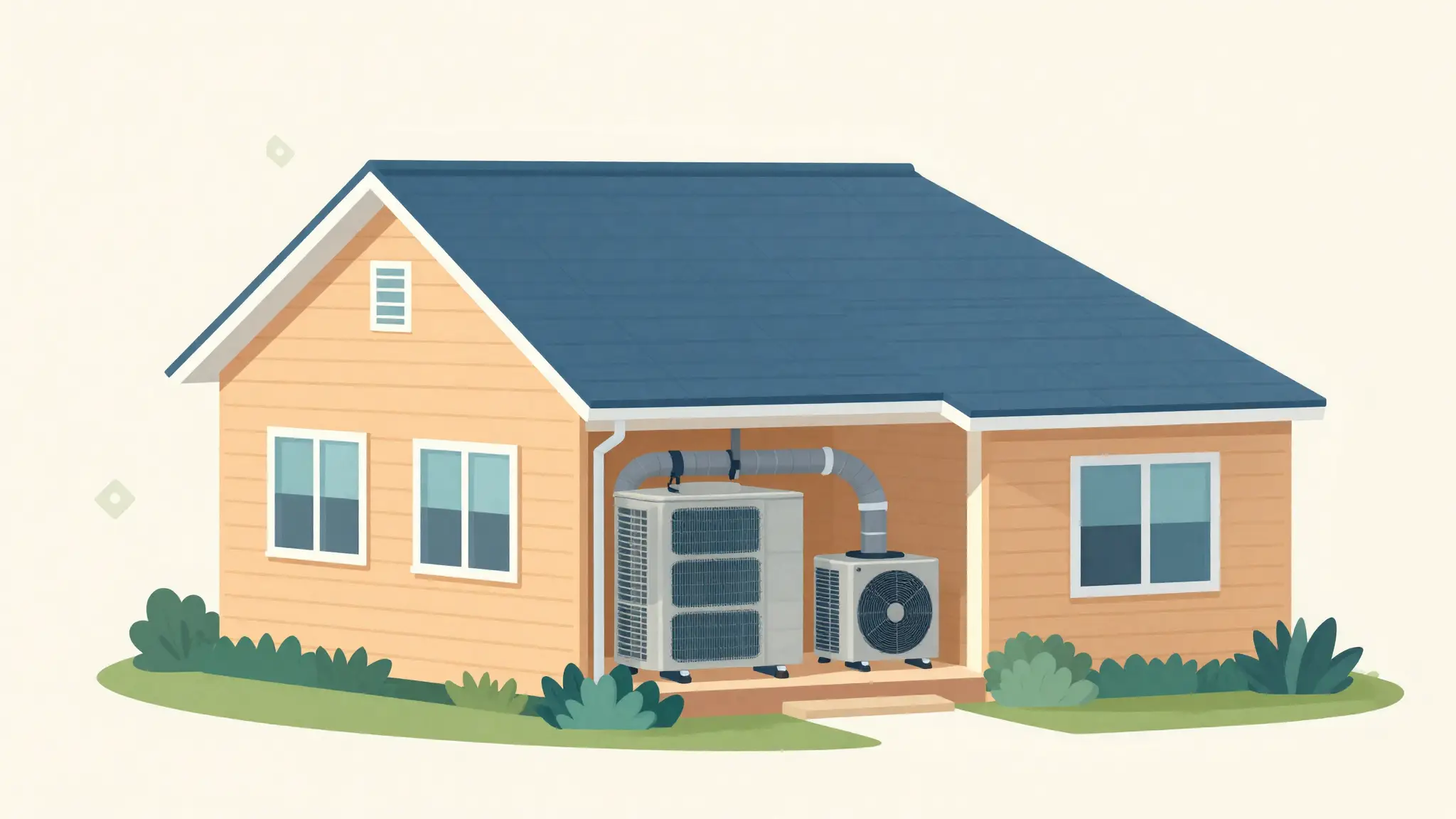 Illustrated cutaway of a home showing the outdoor condenser, furnace, and ductwork that determine HVAC replacement cost