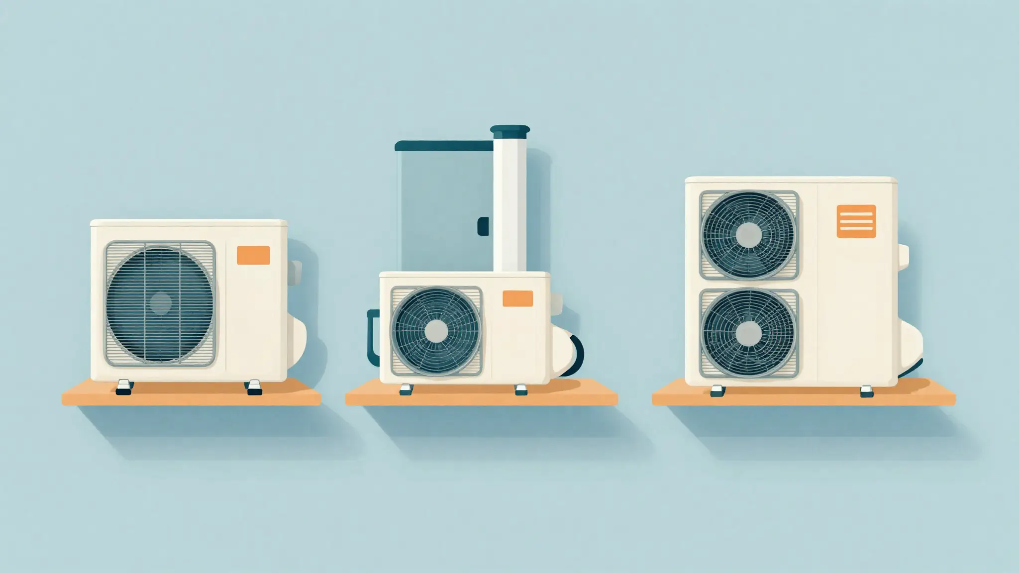 Comparison illustration of heat pump, central AC with gas furnace, and ductless mini-split HVAC system types